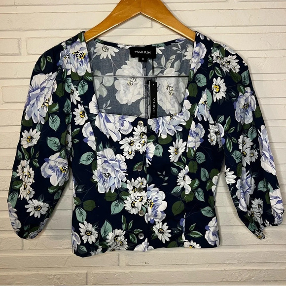 Yumi Kim Blue Floral Puffed Sleeve Square Neck Peasant Top, Women’s Size 0 - Picture 1 of 8